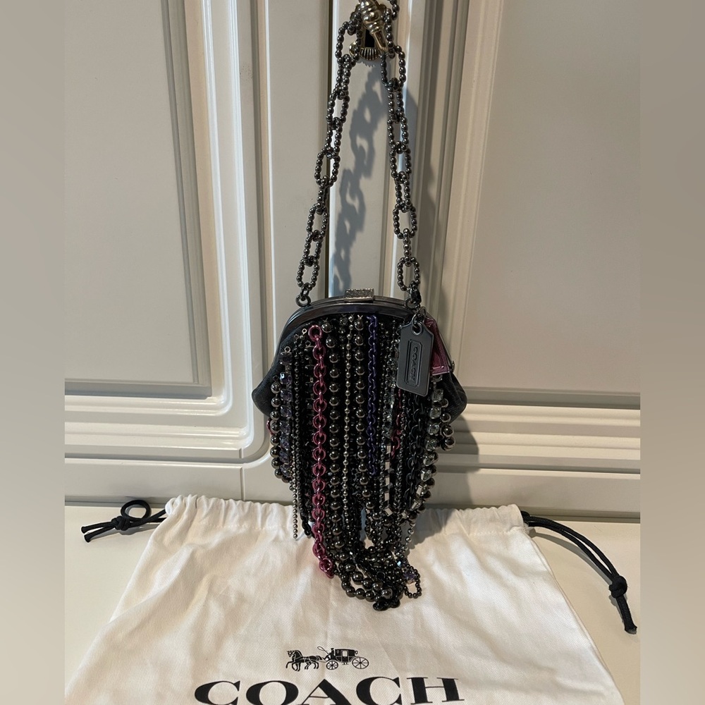 Ltd Coach jeweled black leather cocktail bag/clutch with chains & rhinestones - Picture 4 of 6